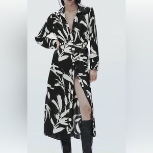 Zara Black White Tropical Print Midi Dress Long Sleeve Slit Size Large